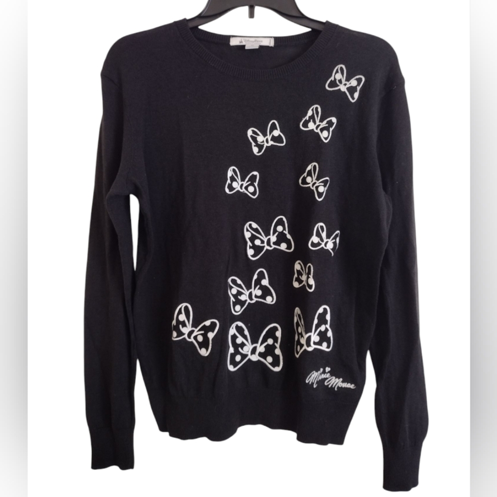 Disney Parks Black White Minnie Mouse Bow Print Cotton Wool Sweater Size Small